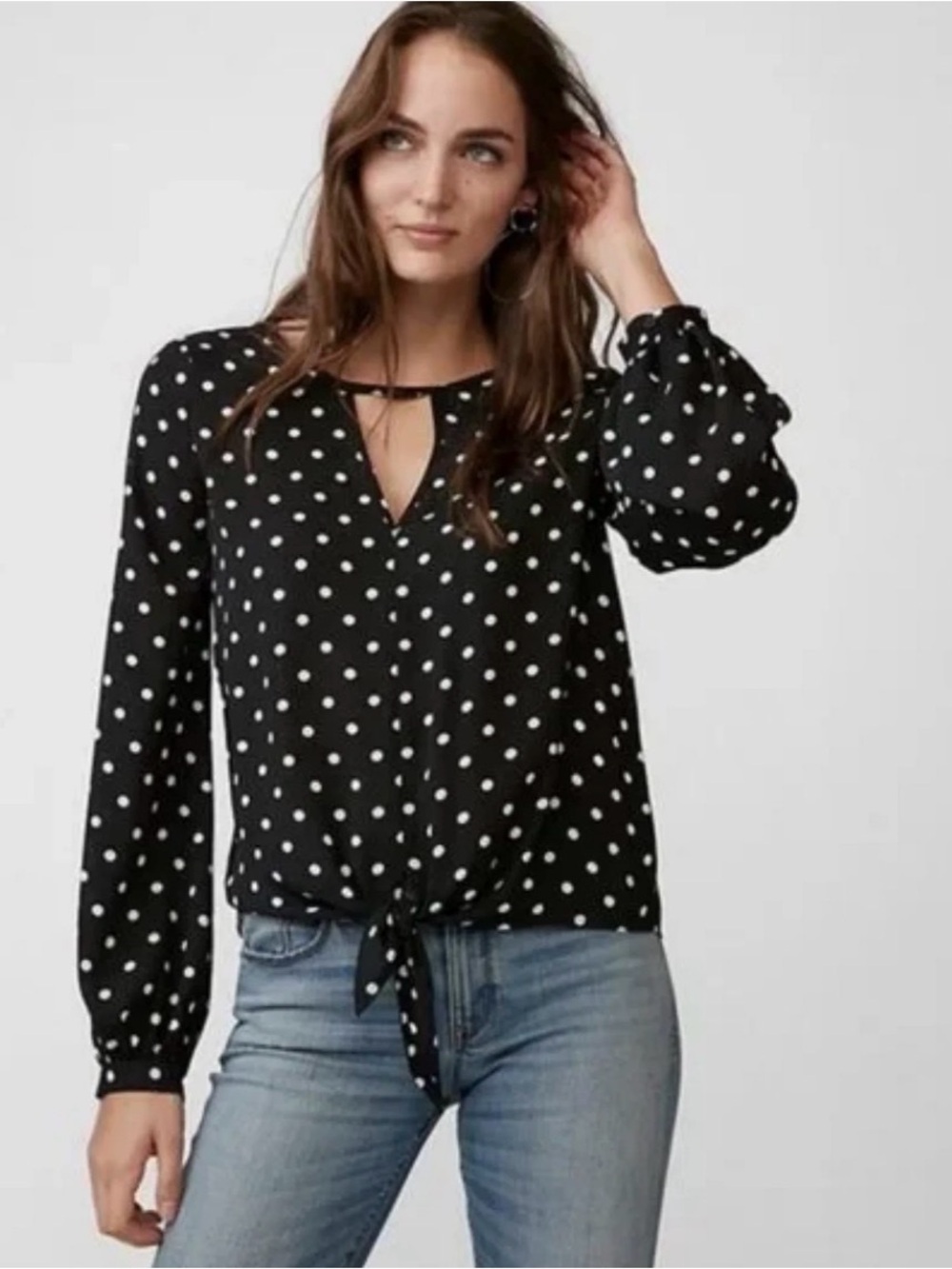 Express Black & White Polka Dot Long-Sleeve Blouse Size Small